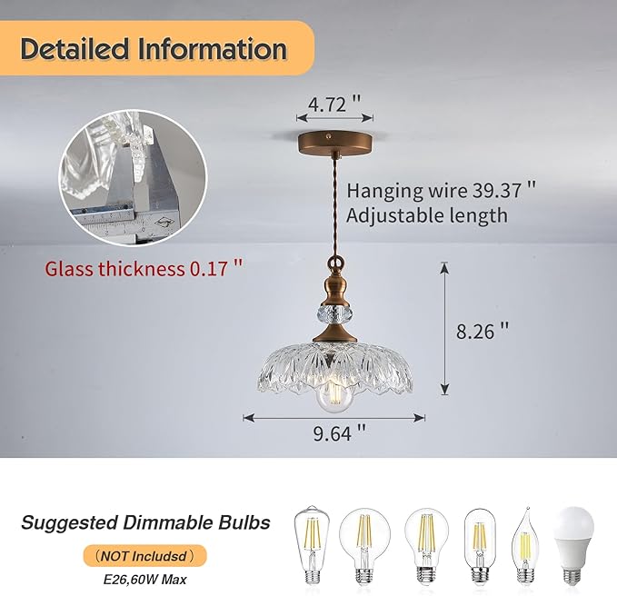 CVKASH Vintage Glass Pendant Light Fixture 3-Pack Brass Modern Adjustable Chandelier Farmhouse Hanging Ceiling Light for Hallway Porch Kitchen Bedroom Coffee Shop Dining Room