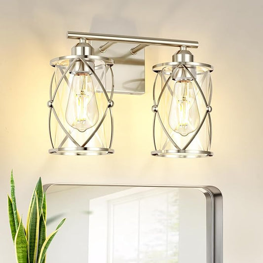 2-Light Brushed Nickel Bathroom Light Fixtures, 13.8 Inch Modern Bathroom Vanity Lighting Fixtures Over Mirror with Clear Glass and Metal Cage Wall Sconce Lights for Bath, E26, CH9176BN-2W