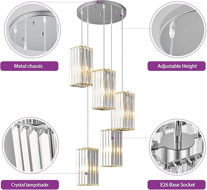 Modern Pendant Light Chrome Rectangle Pendant Lighting Mini Crystal Chandeliers Adjustable Pendant Light Fixture for Kitchen Island Dinning Room Living Room Corridor Bedroom(Chrome 5-Light)