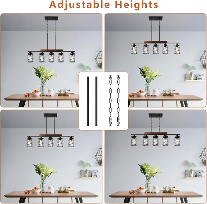 Kitchen Island Lighting, 5-Light Dining Room Light Fixture Over Table, Black Metal & Wood Linear Chandeliers with Cage Shade, Farmhouse Rustic Hanging Ceiling Pendant Light Fixtures for Kitchen