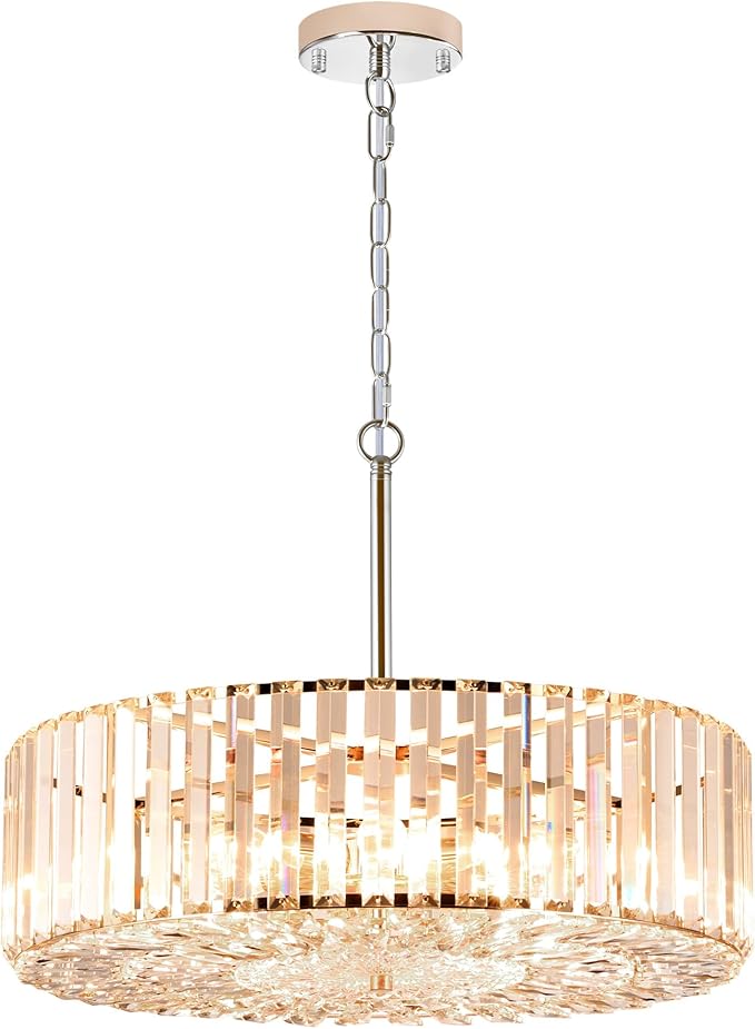 VONLUCE Cystal Ceiling Light Fixture, 6-Light Semi Flush Ceiling Light with Crystal Prisms, 21 in. Chandelier for Dining Room Bedroom Entryway, Kitchen, Nickel Metal Canopy, ETL Certificated