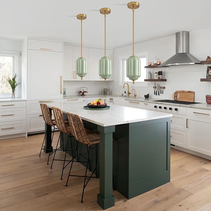 Vintage Green Glass Pendant Lights 5.5 Inch Mid Century Brass Hanging Ceiling Light, Small Adjustable Height Kitchen Island Hanging Lights for Dining Room, Kitchen, Hallway and Bedroom, E12 Base