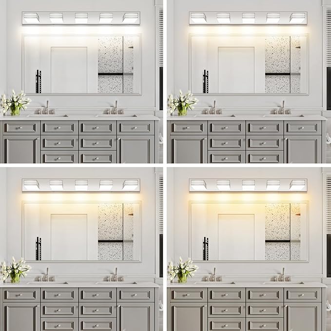 LED Modern Bathroom Vanity Light Fixtures (5-Light, 40-Inch)(5CCT, Dimmable), Chrome Modern Bathroom Wall Lighting Fixtures Over Mirror (3000K/3500K/4000K/5000K/6000K)