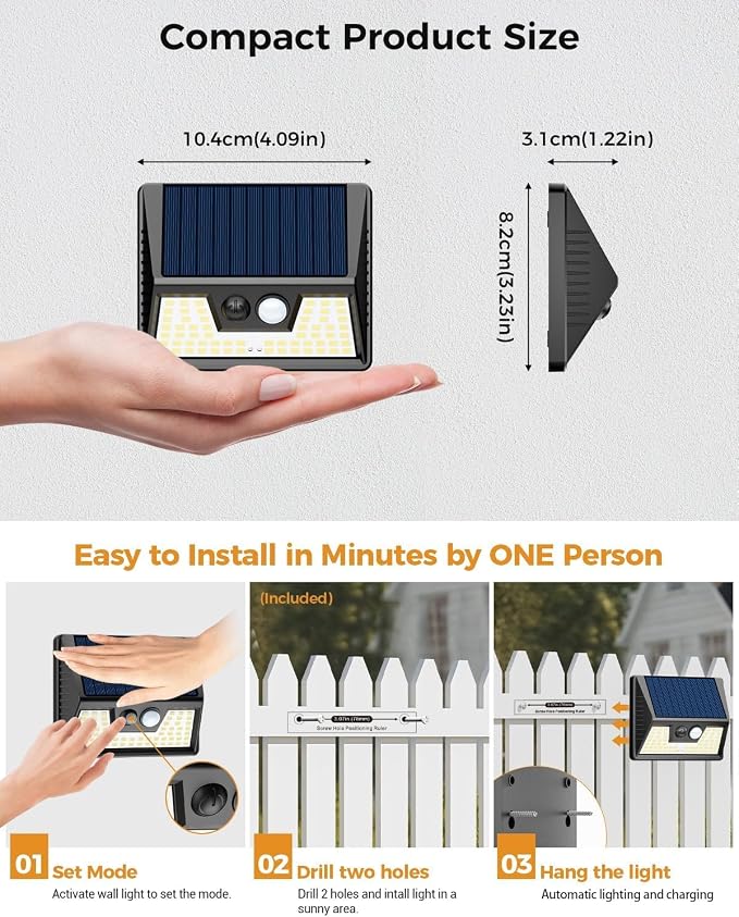 vighep 4 Pack Solar Motion Lights Outdoor, Waterproof Fence Lights Solar Powered with 3 Lighting Mode, Cold White LED Step Light for Outside Wall Yard Deck Stairs Garden - Black