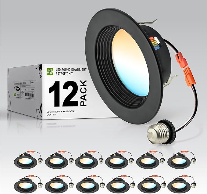 ASD 12 Pack Black 4 Inch Retrofit LED Recessed Light - 10W 2700K-5000K 849LM Retrofit LED Recessed Lighting 4 Inch, Dimmable Black Recessed Lights, Wet Rated Baffle Trim Can Lights, ETL, Energy Star