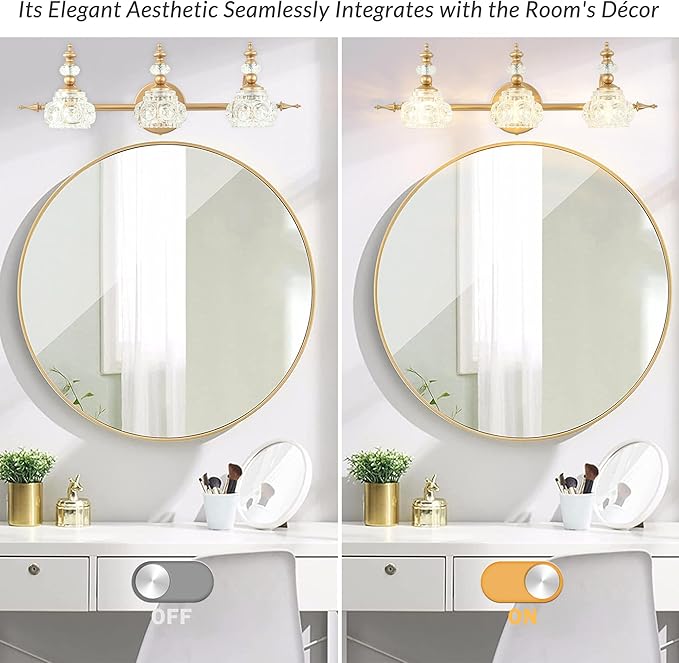 Bathroom Vanity Light Fixtures, Farmhouse Vintage Wall Sconce Lighting with Glass Shade, Bath Vintage Wall Mounted Lamps for Mirror (3 Lights,Gold,G9 Base)
