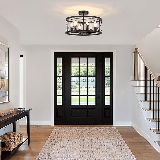 6-Light Black Semi Flush Mount Ceiling Light, 16.53'' Modern Farmhouse Close to Ceiling Light Fixtures, Ceiling Lamp for Hallway Entryway Foyer Dining Room Living Room Bedroom Kitchen Light Fixtures