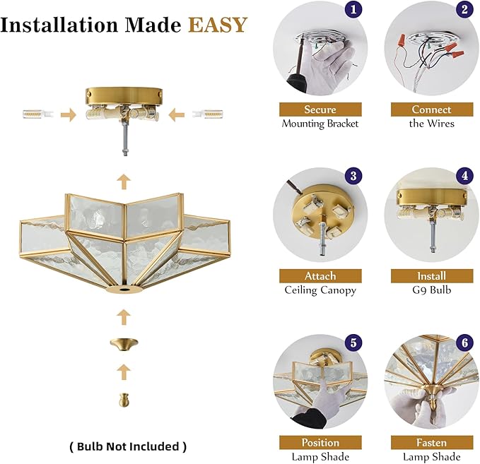 Star Brass Glass Ceiling Light - Small 12 in Gold Hammered Flush Mount Fixture - Unique Art Deco Vintage Modern Lighting Lights for Bedroom Dining Foyer Entryway Hall Hallway Outdoor Porch