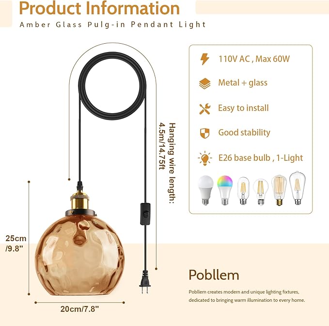 Amber Glass Plug in Pendant Light, Mid Century Gold Hanging Lamps for Living Room Bedroom, 7.8" Hammered Globe Vintage Hanging Light Fixture with Plug in Cord On/Off Switch