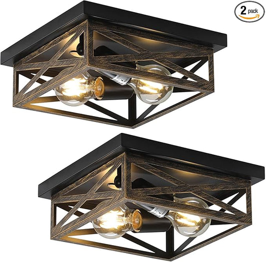 2Pack Rustic Flush Mount Ceiling Light Fixture, Modern Farmhouse Light Fixture, Kitchen Hallway Light Fixtures for Bedroom,Dining Room Entryway,Industrial Metal Cage Ceiling Light