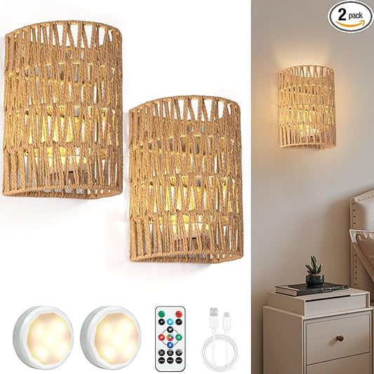 FINCMY Boho Wall Decor Rechargeable Wall Sconce, 18 RGB Colors Dimmable Wireless Wall Lights Battery Operated Wall Sconce for Bedroom Living Room Hallway, Natural Hemp Rope Boho Decor