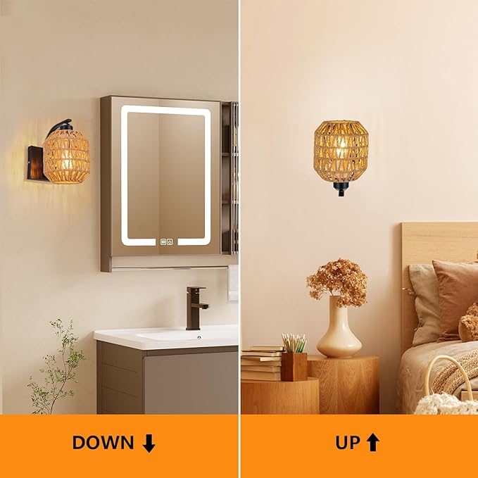 lobolighting Boho Rattan Wall Sconces Hardwired Hand-Woven Farmhouse Wall Lamps Indoor Rustic Wall Mount Light Fixtures for Bedroom Living Room Nursery Hallway 1Pack