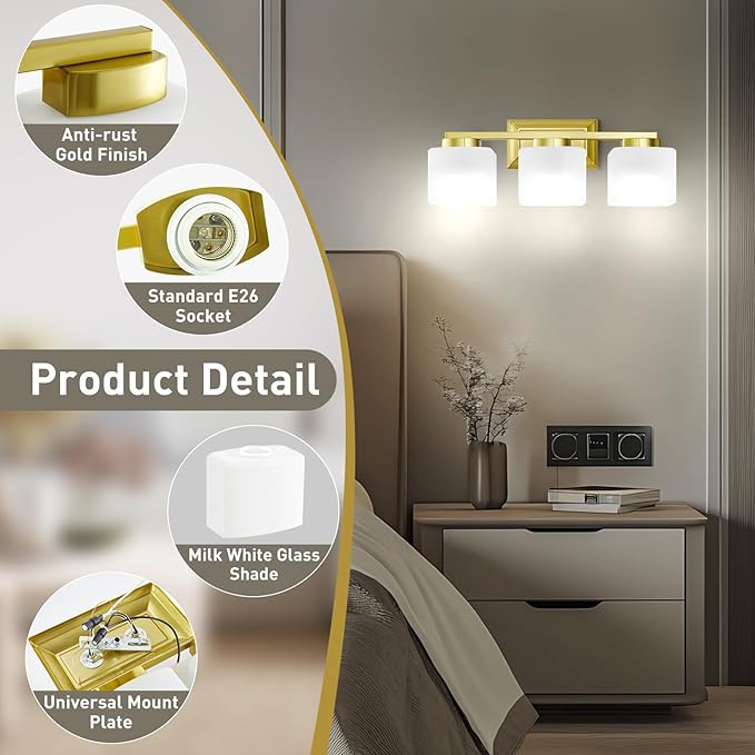 EJIAXIN 3-Light Bathroom Light Fixtures - Gold Bathroom Vanity Lights with Glass Shade Modern Bathroom Lighting Fixtures Over Mirror - Wall Sconce Lamps for Bedroom,Living Room,Hallway