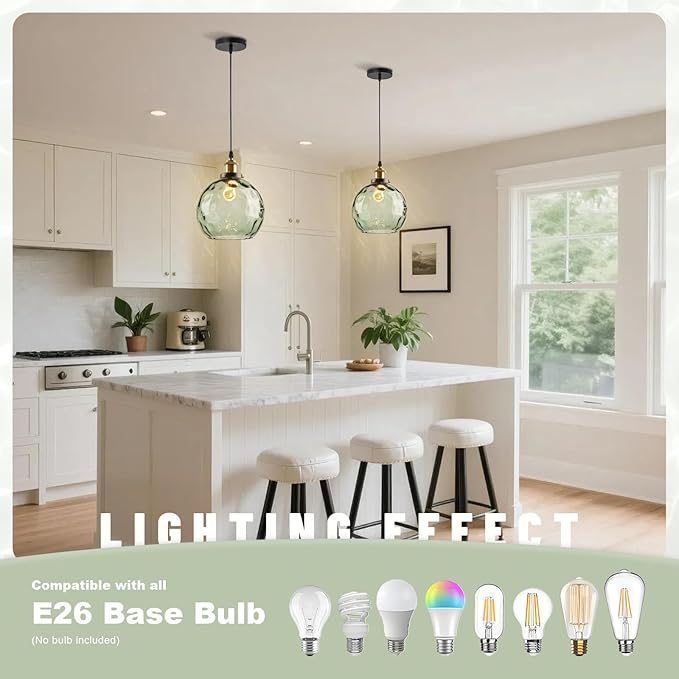 Modern Green Pendant Light, Hammered Glass Pendant Light Fixture Mid Century Globe Pendant Lights Vintage 1-Light Gold Hanging Pendant Lighting for Kitchen Island Dining Room Bedroom Bathroom