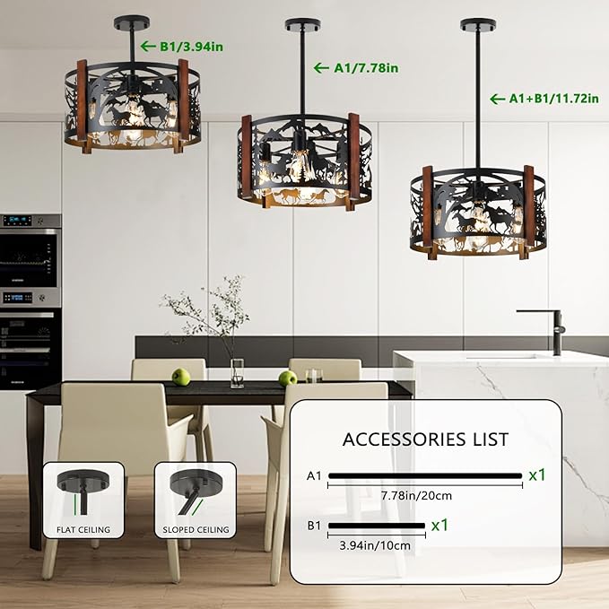 Farmhouse Rustic Horse Ceiling Light Fixtures, 4-Light Round E26 Base Black Metal Wooden Fixture for Kitchen, Living Room,Foyer, Bedroom, Hallway-‎16.5" L* 16.5" W * 11.8" H