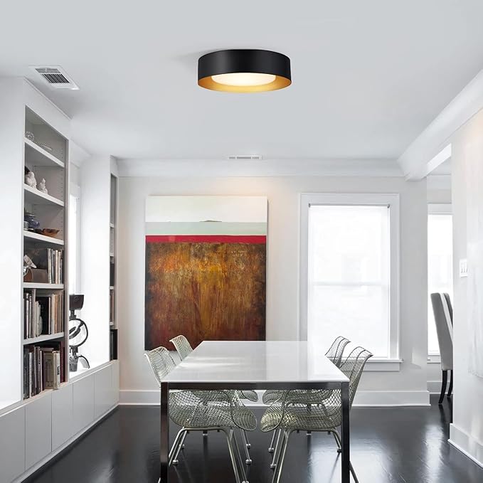 Vikaey Modern Flush Mount Ceiling Light, 3-Light Minimalist Round Close to Ceiling Light Fixture, Black and Gold Drum Ceiling Lamp with Glass Lampshade for Bedroom, Living Room, Kitchen, 16.5in