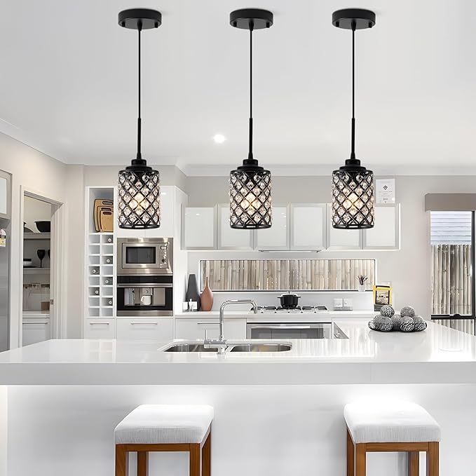 Black Pendant Light Fixtures,1-Light Modern Industrial Pendant Lights Kitchen Island, Matte Finish Hanging Lighting K9 Crystal Mini Chandelier for Dining Room,Hallway,Bedroom,Foyer（1 Pack