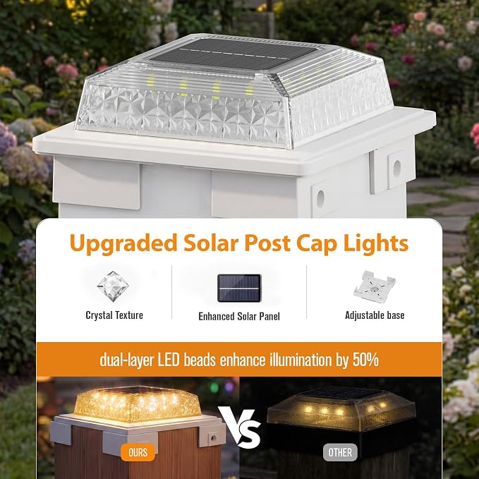 APONUO Solar Post Cap Lights, 3 Color Modes & 2 Brightness, Adjustable Base Fits 4x4 5x5 6x6 Posts (3.5-5.5 Inch), IP65 Waterproof, Deck & Fence Post Lights Solar Powered with Screws, White, 6 Pack