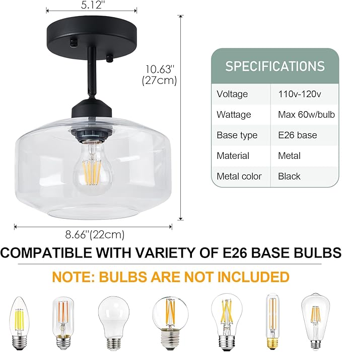 TeHenoo Matte Black Semi Flush Mount Light with Clear Glass Shade, Adjustable for Sloped Ceilings for Kitchen,Hallway,Living Room