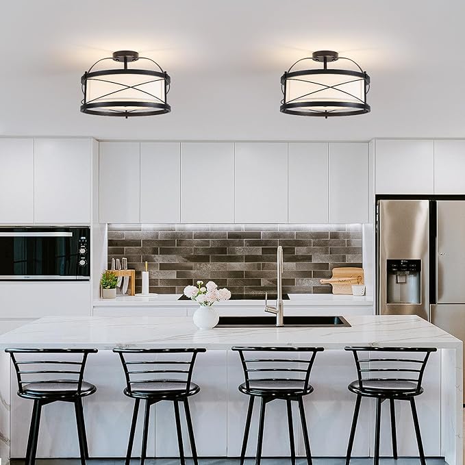Modern Flush Mount Ceiling Light, 3-Light Black Metal White Fabric Shade Close to Ceiling Light Fixture for Kitchen Dining Room Bedroom Living Room Foyer E26 Base (Not Included Bulb)
