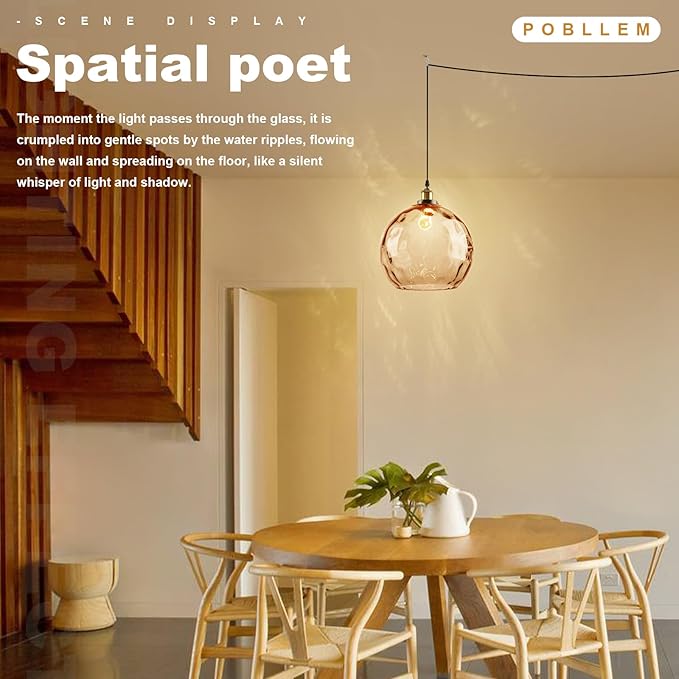Amber Pendant Lamp Plug in, 13.8" Large Glass Globe Hanging Light Plug in Hanging Lamp with Cord, Vintage Hammered Glass Corded Pendant Light Fixture for Kitchen Dining Room Living Room