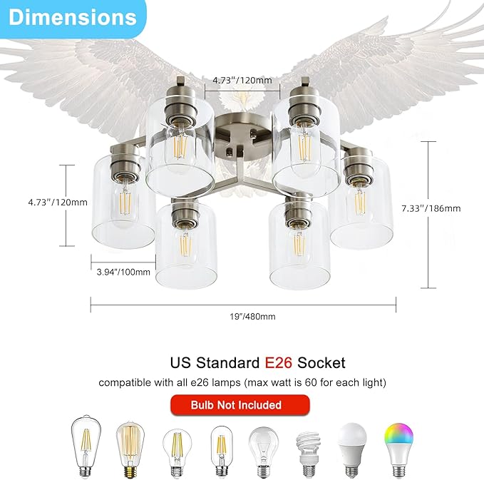 YYT Light Fixtures for Dining Room 6-Light Semi Flush Mount Ceiling Light Fixtures Large Brushed Nickel Kitchen Lighting Fixtures Ceiling with Clear Glass Shade for Living Room - E26