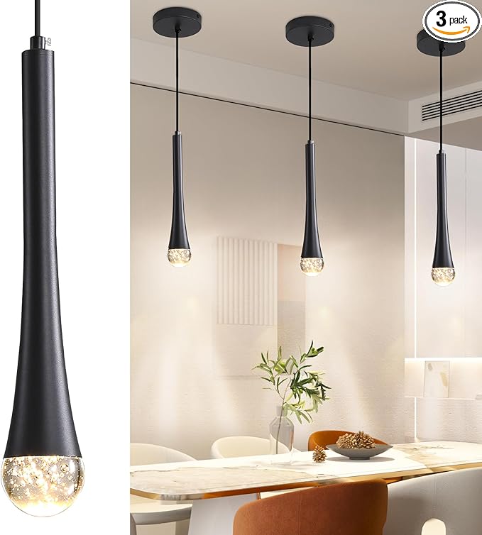 3 Pack Modern Black LED Pendant Light, Kitchen Island Ceiling Hanging Lights, Teardrop Bubble Crystal, 3 Color 2700K/4500K/6500K, Bedside Small Chandeliers Lamps for Bar, Dining Room, Hallway, Foyer