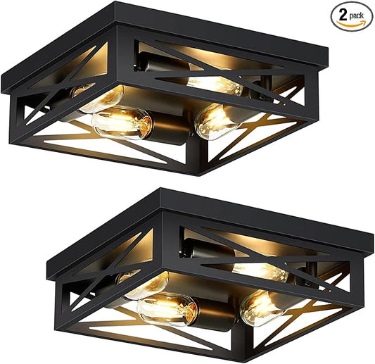 ZHU YAN Farmhouse Ceiling Light Fixture, 2 Pack Square Black Metal Cage Ceiling Lamp for Kitchen Entryway Hallway (4-Light)