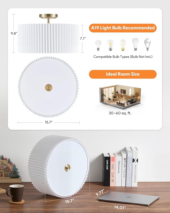 VONLUCE Semi-Flush Mount Ceiling Light, 15.7" Modern 3-Light Ceiling Light Fixture with White Pleated Drum Shade 3 E26 Sockets for Bedroom Entryway Living Room, Bronze Finish, ETL Certificated