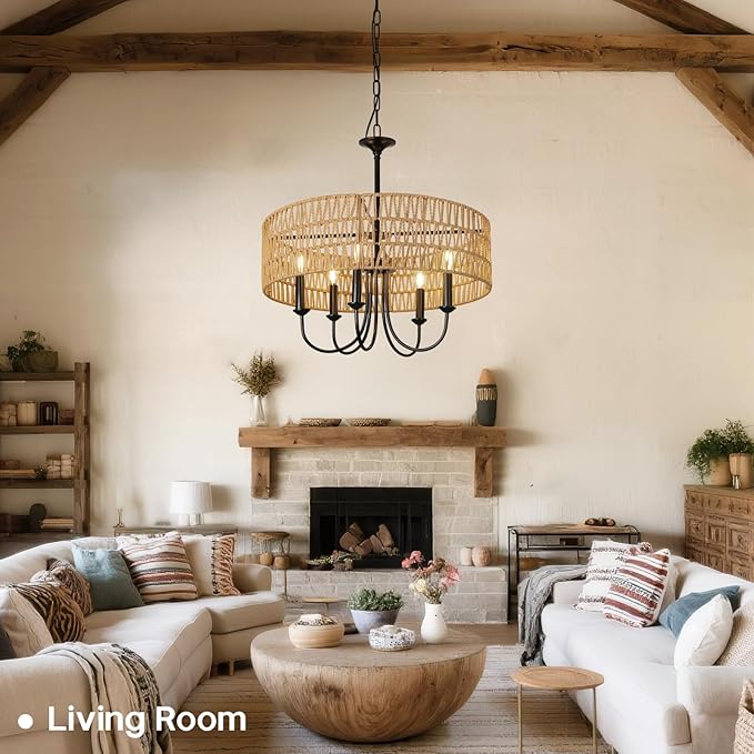 24 Inch Farmhouse Rattan Chandelier, Hand-Woven Boho Pendant Light Fixture with Black Metal Frame, Rustic Hanging Ceiling Lighting for Dining Room, Kitchen Island, Living Room, Bedroom