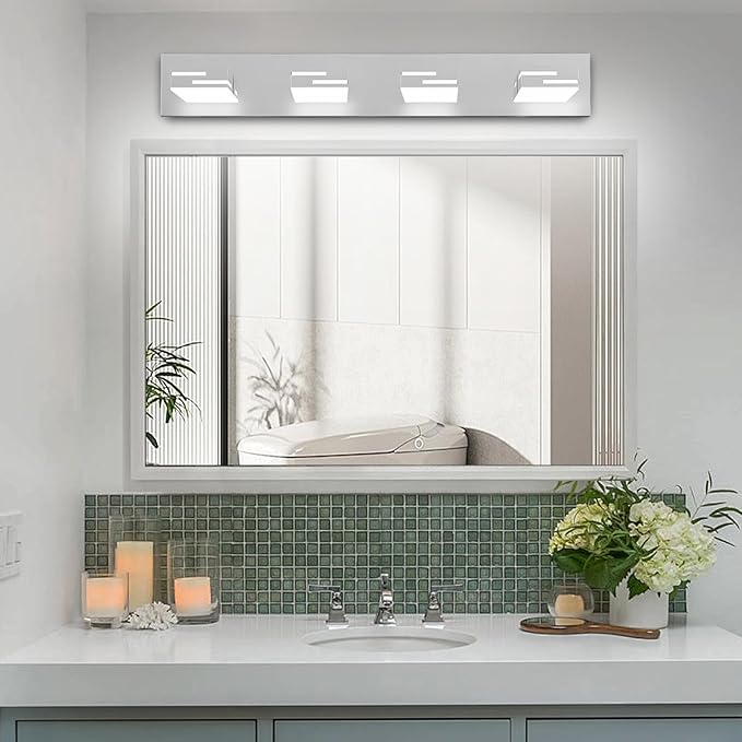 LED Modern Bathroom Vanity Light Fixtures, 4-Light 28-inch Dimmable Chrome Vanity Lights for Bathroom Lighting Fixtures Over Mirror, with 360° Rotatable Heads (Cool White 6000K)