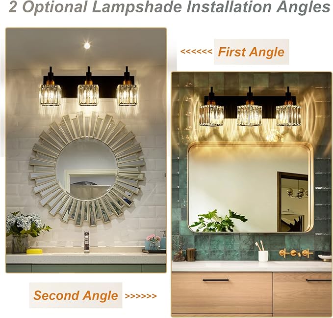 Modern Crystal Bathroom Vanity Light 3-Light Brass Wall Light Fixtures Over Mirror Black and Gold Vanity Lighting for Bathroom Square Shade Brass Wall Sconce