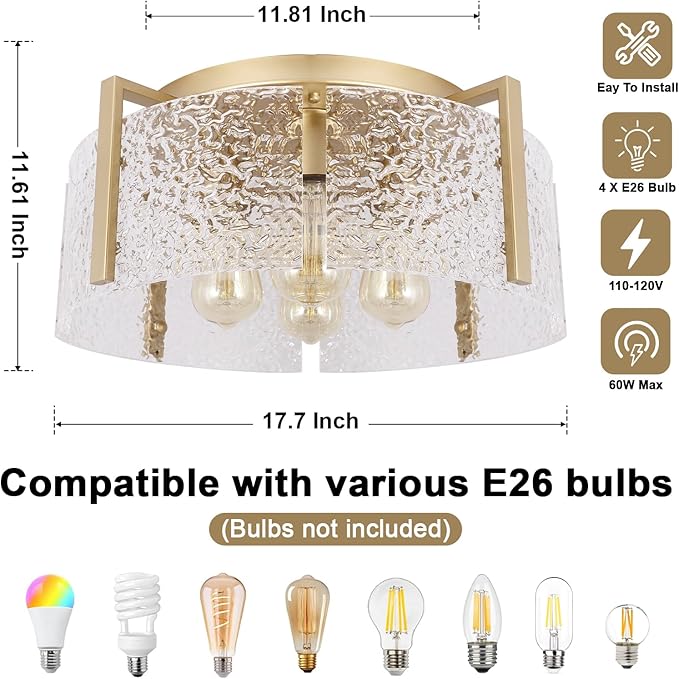 Bektas Semi Flush Mount Ceiling Light, Hallway Light Fixture,Entryway Light,Modern Bedroom Lampe,Metal Light Fixtures,Lighting Fixture Flush Mount for Kitchen Bathroom Dining Room (Gold, 4-Light)