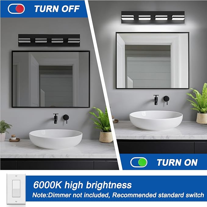 IZORRO LED Modern Bathroom Lights Fixtures(4-Light,Dimmable,360°Rotate),Matte Black Acrylic Wall Lighting,Vanity Lights for Bathroom Over Mirror - 6000k 24In （No Assembly Required）