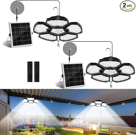 2 Pack Solar Shed Light Motion Sensor Lights Outdoor IP65 Waterproof with Remote Control, Solar Powered Pendant Light Indoor with 5+1 Panels for Garden, Gazebo, Chicken Coop, Patio, Barn