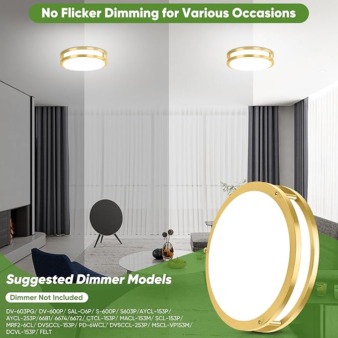 10 Inch LED Flush Mount Ceiling Lights, Gold Kitchen Lighting Fixtures with 2700K/3000K/4000K/5000K/6500K 5 Color Adjusted, Dimmable Modern Round LED Lights for Bedroom Living Room Laundry, 2-Pack