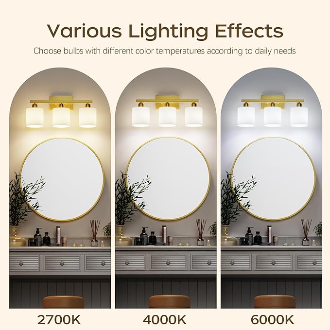 PARTPHONER Bathroom Light Fixtures, Bathroom Lighting Fixtures Over Mirror, Interior Classic Vanity Lights, Modern Vanity Light with Textured White Glass Shade, Brushed Gold, 3-Light