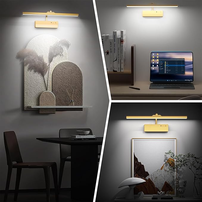 Racokky Picture Light, 15.35inch Picture Lights for Wall Rechargeable, Battery Wall Light Over Picture Frame, 3 Color Art Lighting for Paintings with Timer and Dimmable Artwork Display (Gold-2PCS)