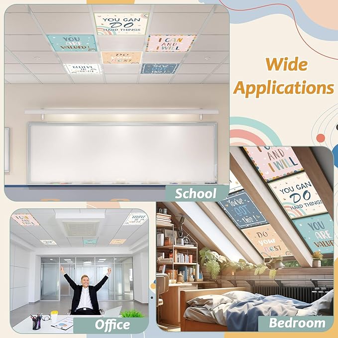 6 Pcs Fluorescent Light Covers with 48 Magnets Decorative for Classroom Ceiling Lights 2 x 2 Feet Magnetic Light Cover Filter Easy Install for Office Hospital Home Ceiling Supplies (Boho Motivational)