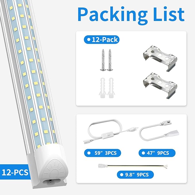 SHOPLED LED Shop Light 8FT, 90W 11700LM 6000K Cool White, Linkable T8 LED Tube Light Fixtures, D-Shape, 8 Foot LED Shop Lights for Garage, 12 Pack