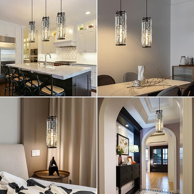 LMQNINE Pendant Lights Modern Black Pendant Light Mini Crystal Chandelier Pendant Lighting for Kitchen Island Dinning Room Bedroom Kitchen Sink Lighting (Black 2-Pack)
