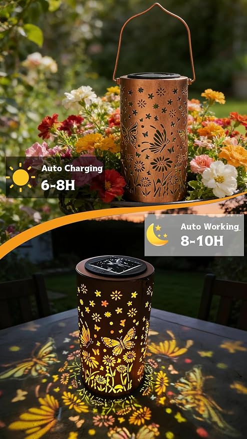 Colorful Butterfly Solar Lantern Outdoor Waterproof Garden Decorative Light, Hanging & Tabletop Solar Powered Lantern with Projection Pattern for Patio Garden Yard Balcony (Butterfly)