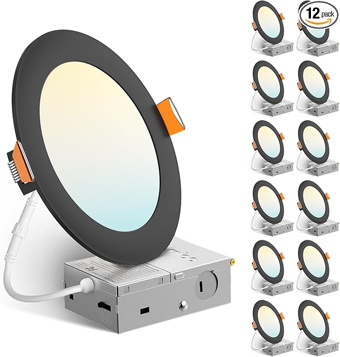 Amico 12 Pack Black 6 Inch 5CCT Ultra-Thin LED Recessed Ceiling Light with J-Box, 2700K-5000K Selectable, 12W=110W, Dimmable Canless Downlight, 1050LM High Brightness