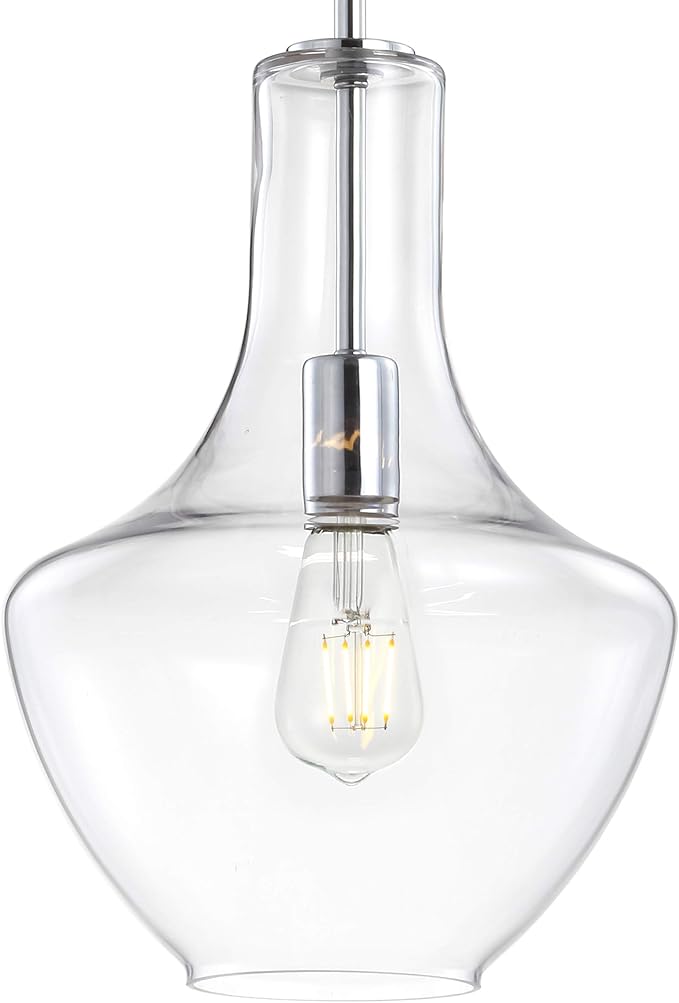 JONATHAN Y 10.5" Chrome Mid-Century Modern 1-Light LED Pendant Light Fixture, Adjustable Schoolhouse Hanging Lamp for Kitchen Island, Clear Glass Shade, LED Bulb Included JYL6400A