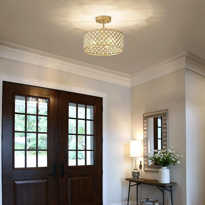 Gold Crystal Ceiling Light Fixture,Modern Semi Flush Mount Ceiling Lighting Fixture,Round Small Chandelier for Dining Room, Hallway, Entryway, Kitchen, Bedroom,Foyer,3 Light,12 inch