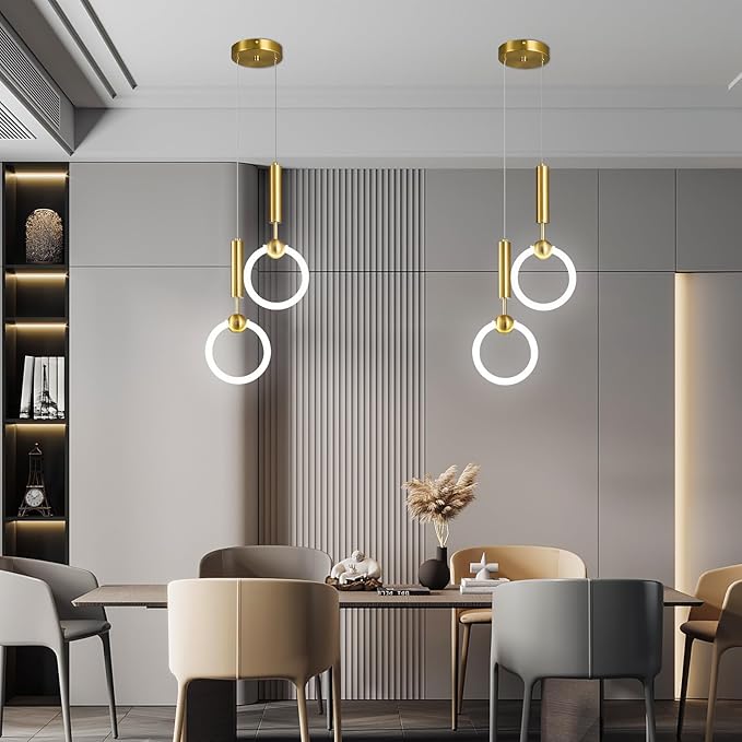 Modern LED Pendant Light Fixtures, Simplicity Gold Pendant Lighting,Circular Hanging Chandelier for Kitchen Island Dining Room Bedroom Entryway Hallway(Gold-2-Light)
