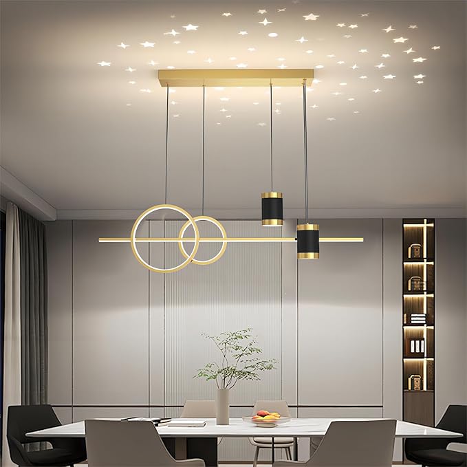 5 Lights LED Island Light, 39.4 Inch Creative Island Light with Remote Control & Infinitely Dimmable Hanging Light, Geometric Linear Pendant Light for Dining Room, Gold