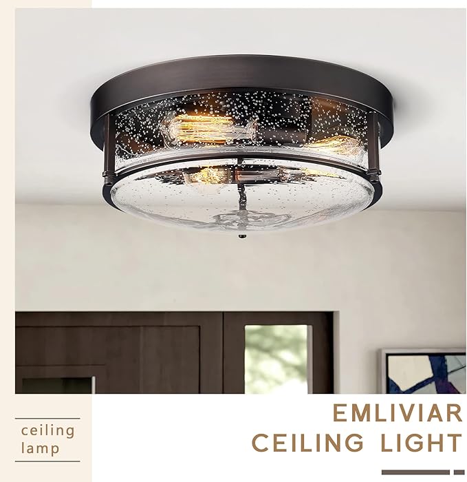 Emliviar 15 Inch Farmhouse Flush Mount Ceiling Light Fixture, Outdoor 3-Light Ceiling Lamp for Porch Kitchen Living Room, Seeded Glass Oil Rubbed Bronze Finish, GE263MF ORB