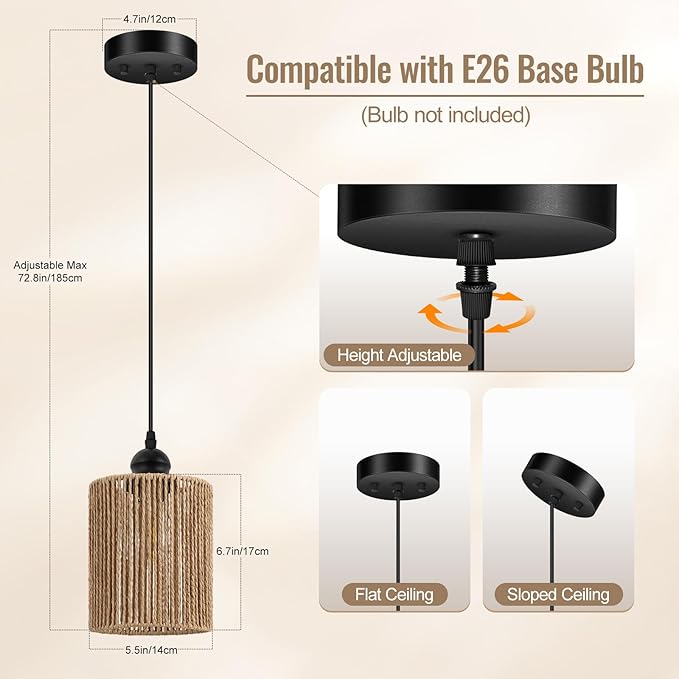 BoostArea 2 Pack Rattan Pendant Lights Kitchen Island, Farmhouse Chandelier with Handwoven Wicker Shade, Adjustable Height Boho Hanging Light for Kitchen Island/Dining Room/Bedroom/Hallway, No Bulb