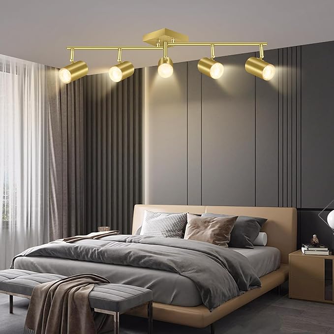 BoostArea 5 Light Track Lighting Fixtures Ceiling, Gold Kitchen Lighting Fixtures Ceiling, LED Track Lighting Kit, Rotatable Light Heads, Modern Track Lights for Kitchen/Living Room/Hallway, No Bulb